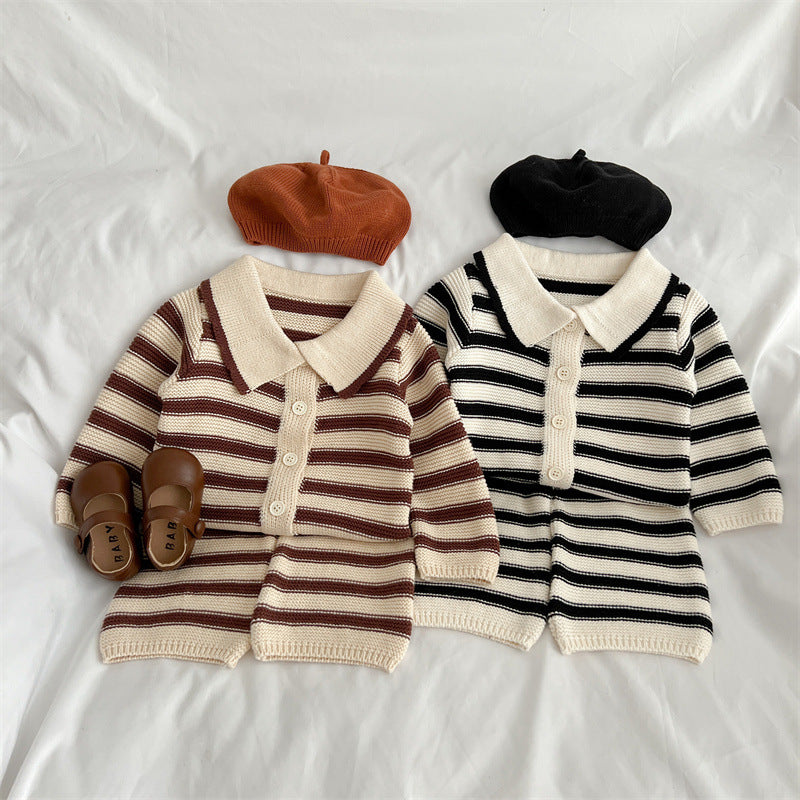 Baby Striped Pattern Lapel Knitted Cardigan With Pants Sets-0