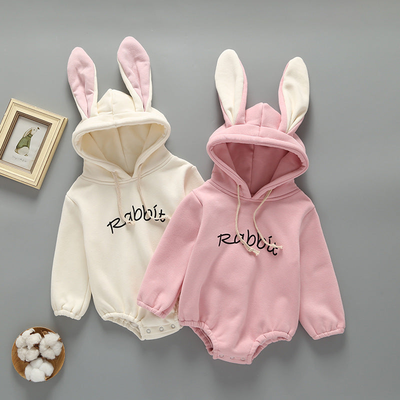 Baby Girl Print Pattern Rabbit Ear Design Long Sleeved Thickened Onesies-0