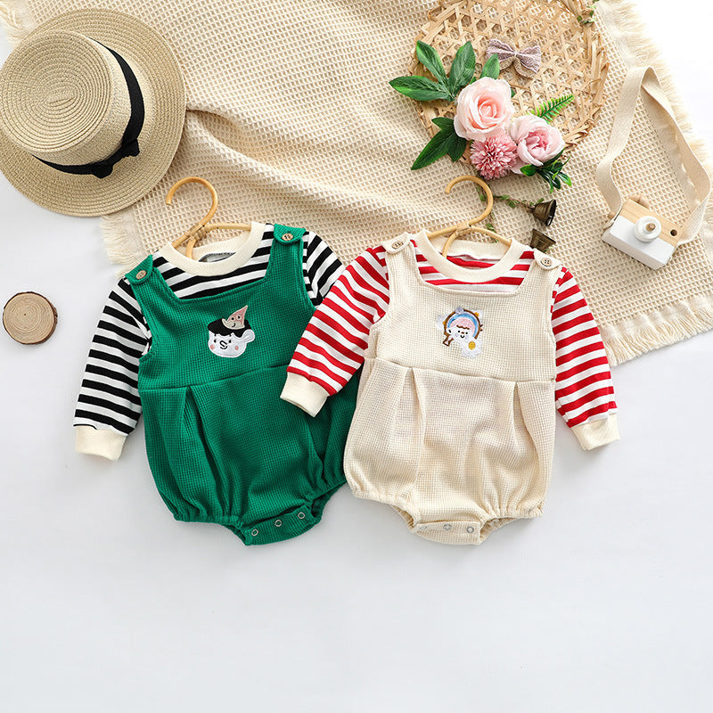 Baby Striped Pattern Shirt Combo Cartoon Graphic Corduroy Fabric Strap Onesies Sets-0