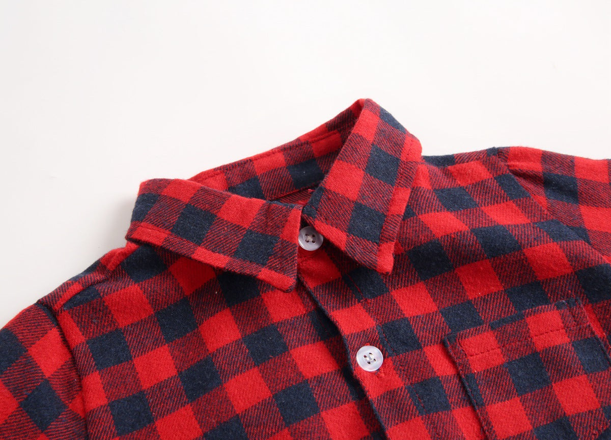 Baby Boy Plaid Pattern Buttoned Shirt With Pockets Long Sleeve Onesies In Autumn-12