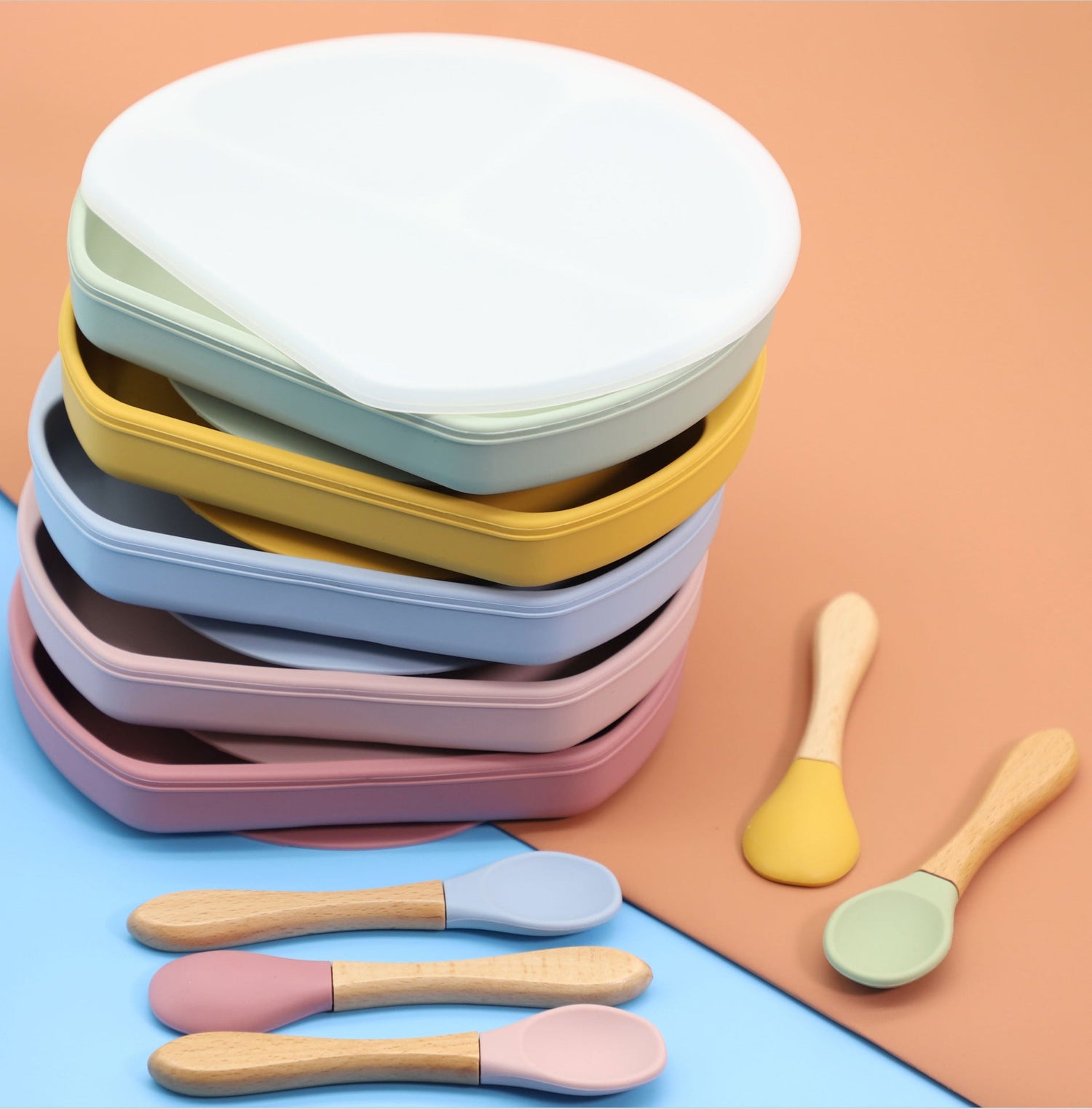 Baby Silicone Compartment Plate With Wooden Spoon-0