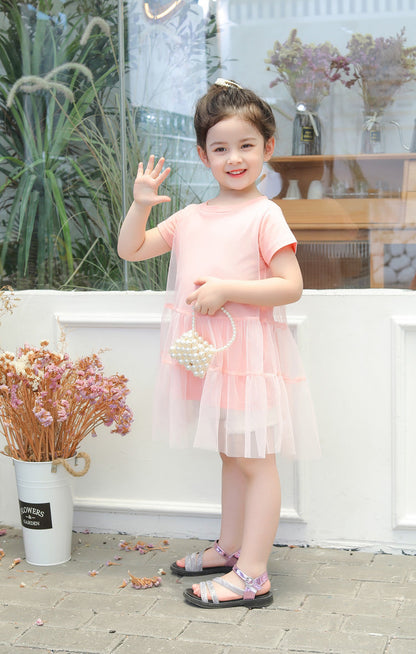 Girl Solid Mesh Pattern Short Sleeve Round Collar Dress In Summer-14