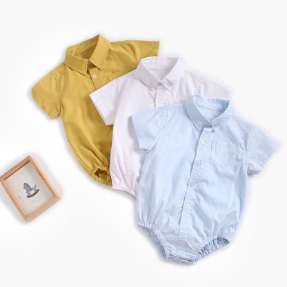 Baby Boy Solid Color Buttoned Shirt With Pockets Short Sleeve Onesies Online In Summer-0