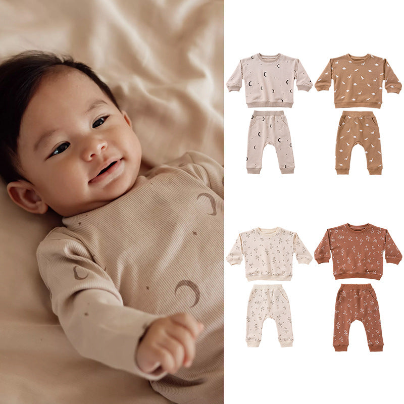 Baby Western Print Pattern Long Sleeve Casual Hoodie Sets Home Clothes-0