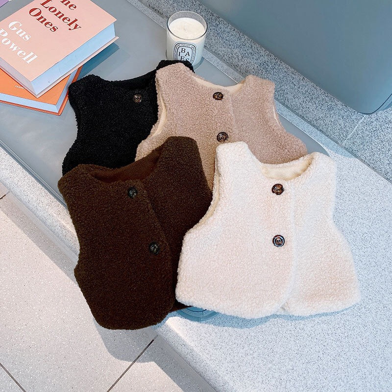 Baby Berber Fleece Design Button Front Warm Coat Vest-0