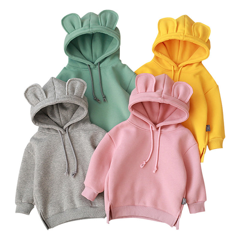 Baby Solid Color Animal Ear Patch Design Autumn Korean Style Hoodie-0