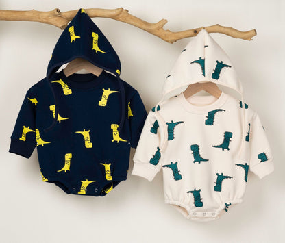 Baby Boy 1pcs Cartoon Dinosaur Pattern Long Sleeves O-Neck Bodysuit &amp; Hats-0