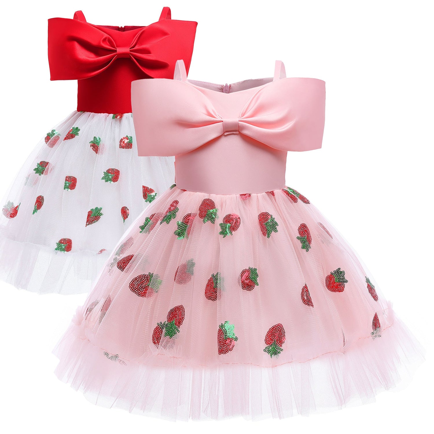 Baby Girl Strawberry Sequins Pattern Bow Tie Design Sling Tutu Formal Dress-0