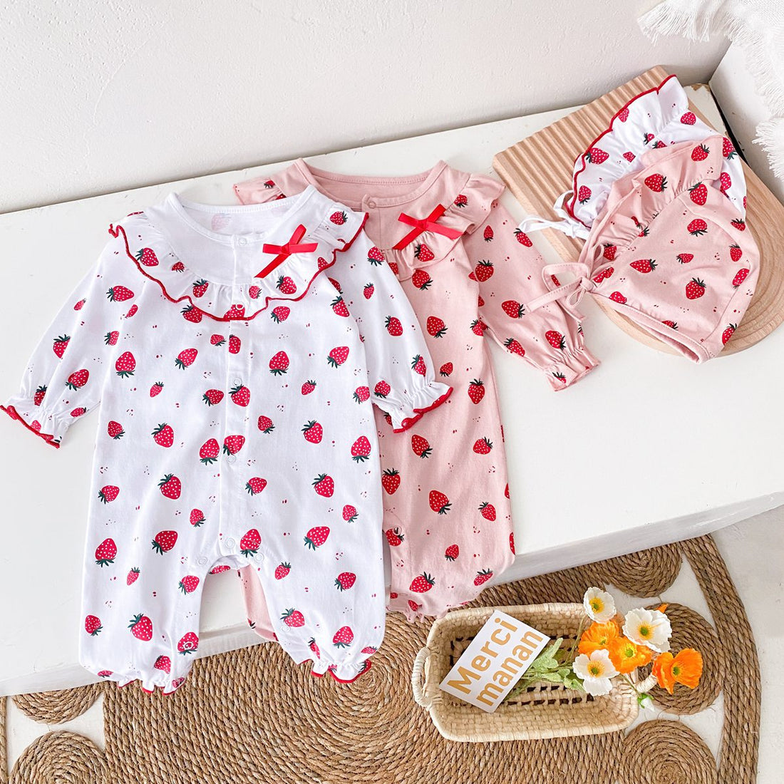 Baby Girl Allover Strawberries Pattern Ruffle Design Button Front Romper-0