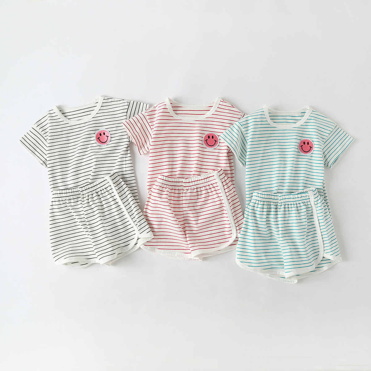 Baby Smiley Patched Pattern Striped Graphic Tee Combo Shorts Sets-0