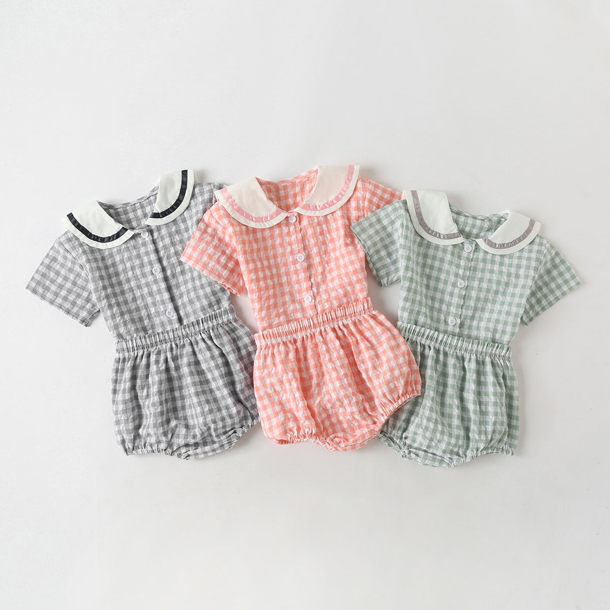 Baby Girl 1pcs Plaid Pattern Contrast Tape Lapel Design Combo Shorts Sets-0