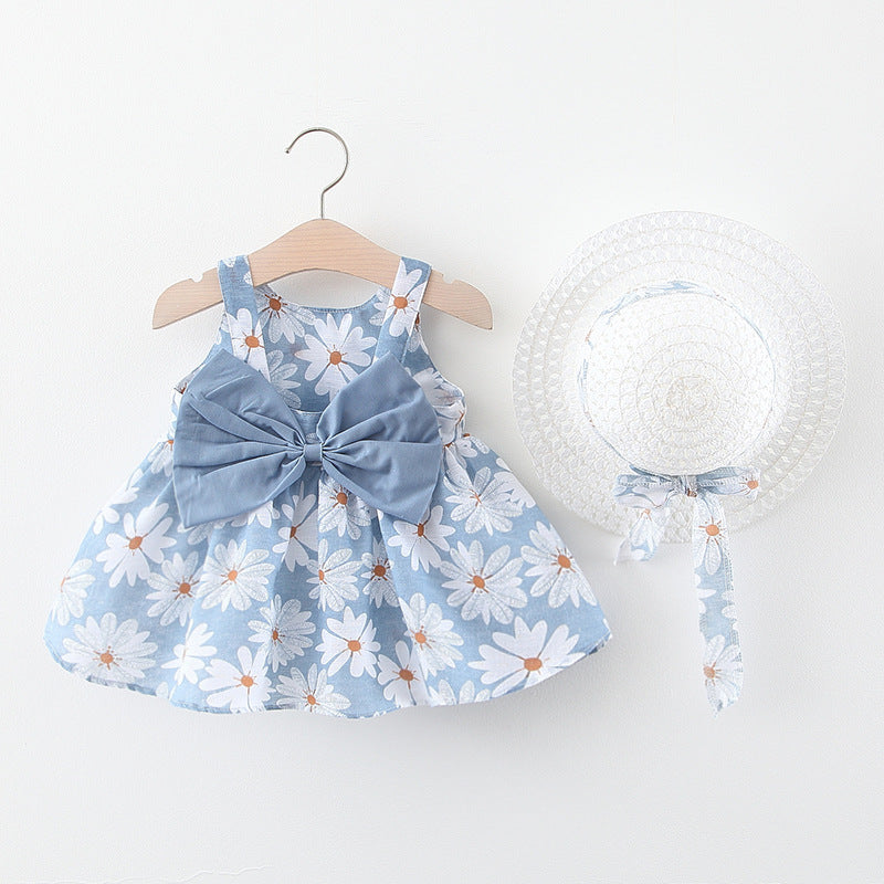 Baby Flower Pattern Bow Patched Design Sling Dress In Summer With Hat-2