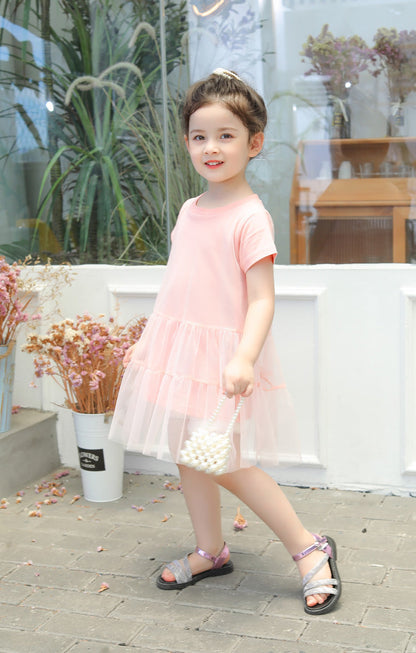 Girl Solid Mesh Pattern Short Sleeve Round Collar Dress In Summer-15