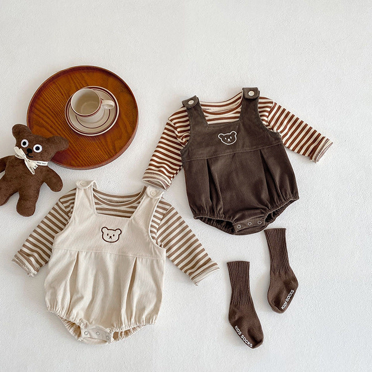 Baby Striped Shirt Combo Corduroy Fabric Cartoon Bear Embroidered Vest Bodysuit 2 Pieces Sets-0