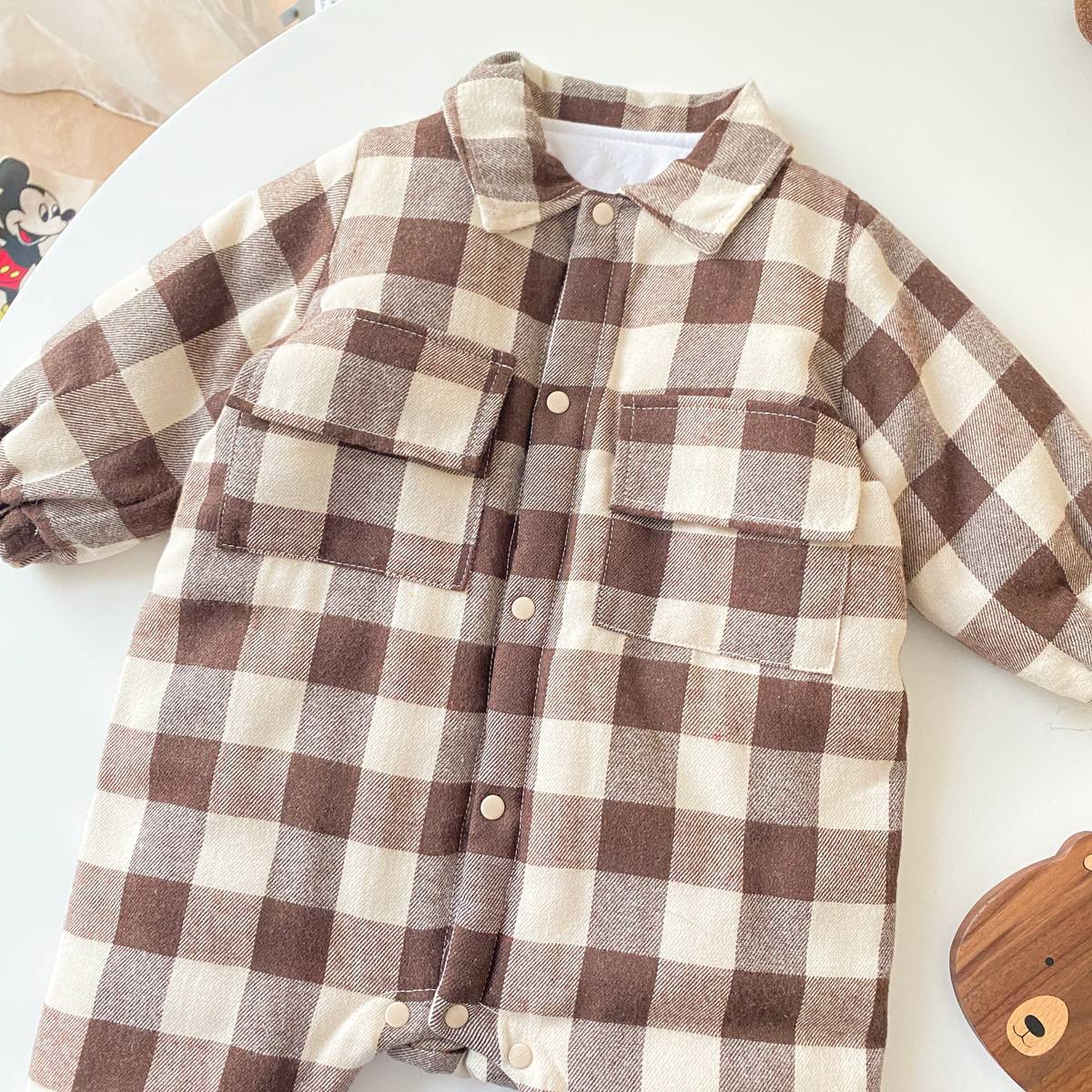 Baby Boy Plaid Pattern Snap Button Front Long-sleeved Thick Rompers-15