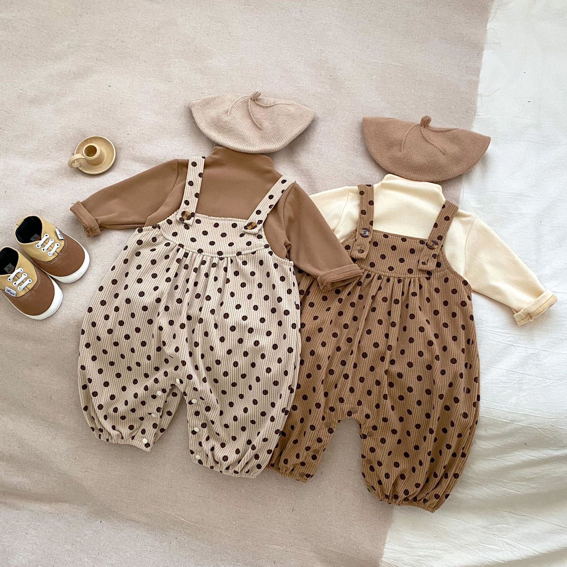 Polka Dot Overalls With Solid Color Shirts Sets-0