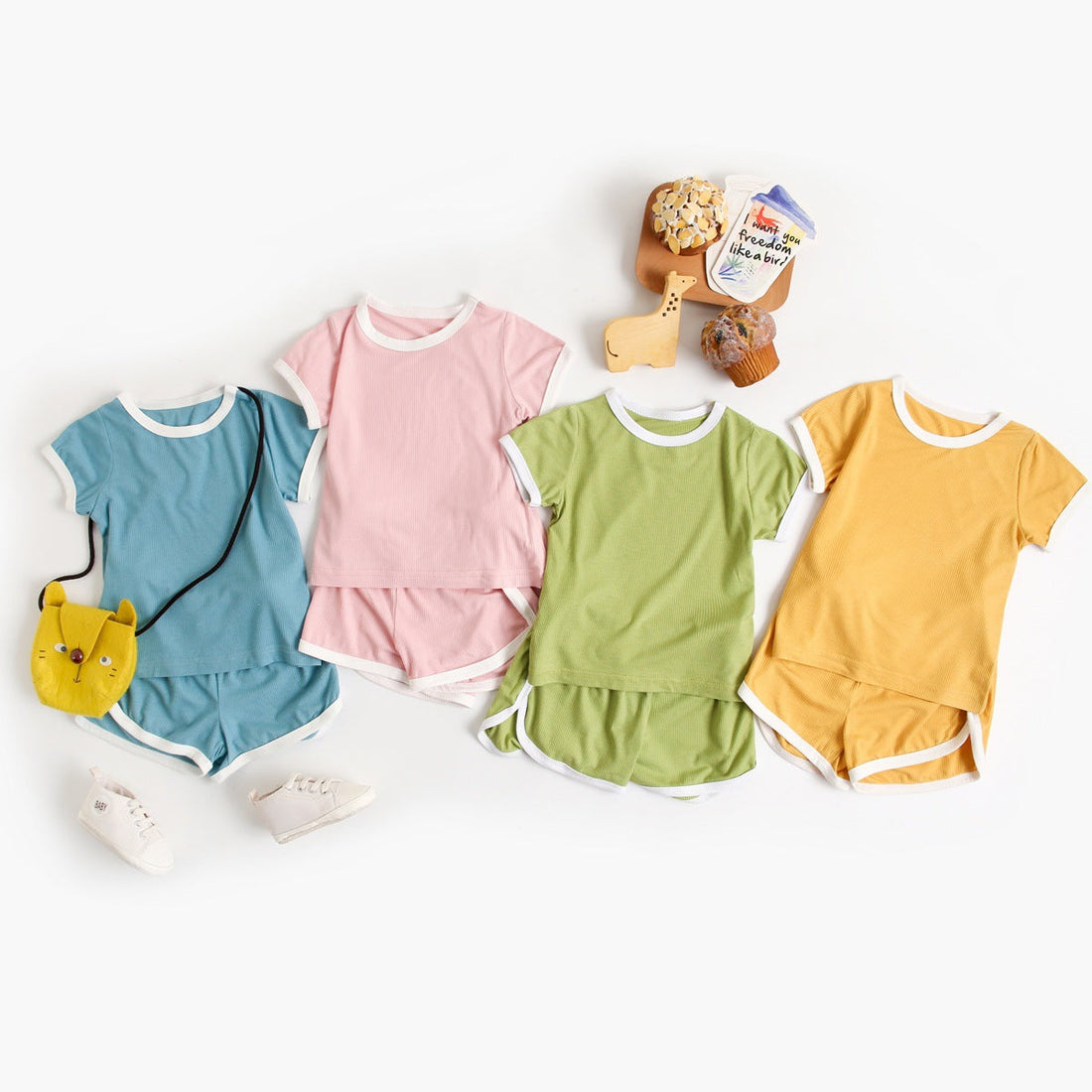 Baby Solid Color Neck Color Matching Design Sports Sets In Summer-0