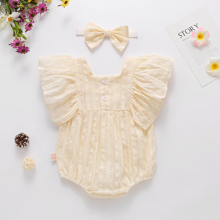 Baby Girl Solid Color Square Collar Design Short-Sleeved Onesies With Headband In Summer Outside Wearing-15