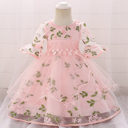 Baby Girl Embroidered Pattern Medium Sleeves One Year Old Tutu Formal Dress-15