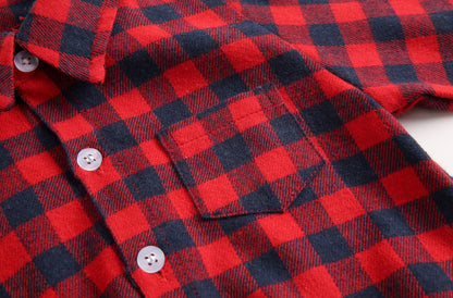 Baby Boy Plaid Pattern Buttoned Shirt With Pockets Long Sleeve Onesies In Autumn-15