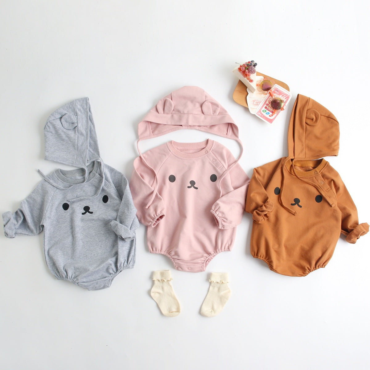 Baby 1pcs Cartoon Print Pattern Long Sleeved Cotton Triangle Onesies With Hat-0