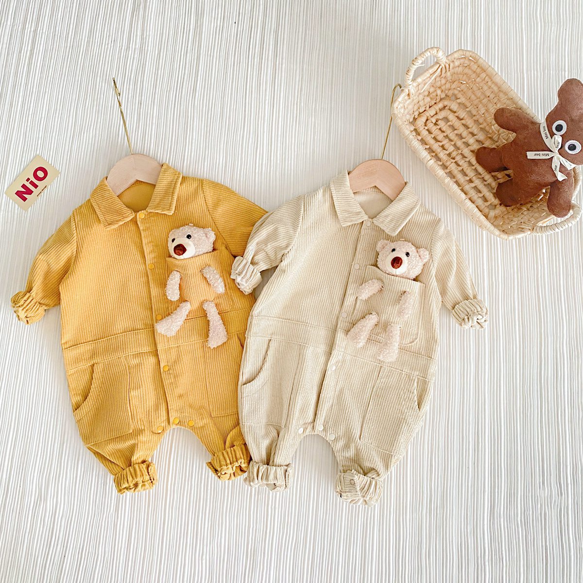 Baby 3D Cartoon Bear Patched Design Corduroy Fabric Button Front Romper-0