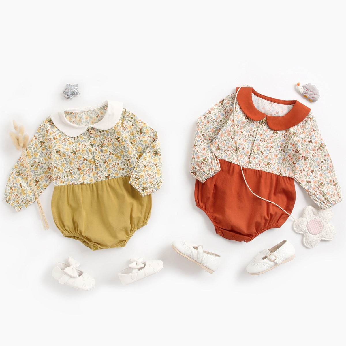 Baby Girl Floral Print Pattern Color Blocking Design Long Sleeve Round Neck Onesies-0