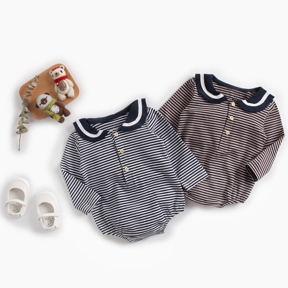 Baby Girl Striped Pattern Sailor Collar Design Fashion Long Sleeves Bodysuit Onesie-0