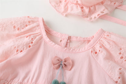 Baby Girl 1pcs Solid Color Hollow Carved Design Bow Onesies Dress-19