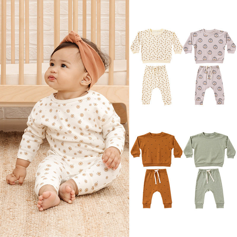 Baby Boy And Girl Print Pattern Cotton Hoodie Combo Trousers Sets-0