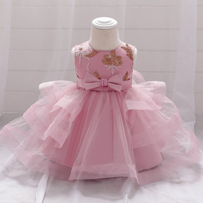 Baby Girl Sequins Patched Design Sleeveless Tutu Style Baptism Birthday Dress-18