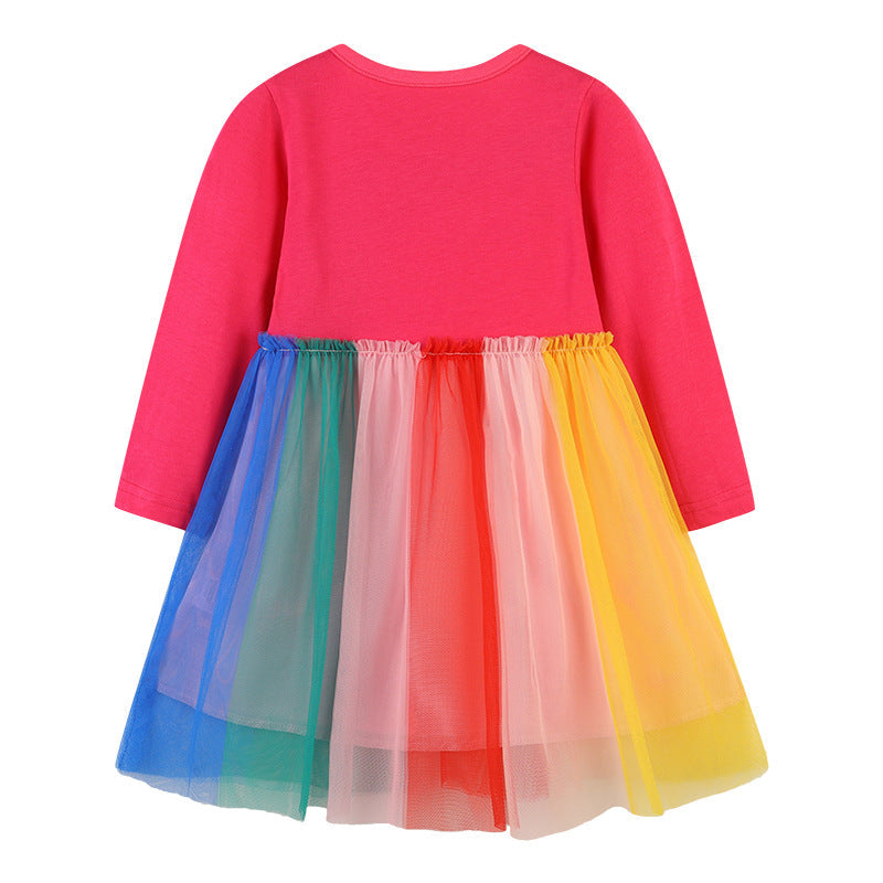 Baby Colorful Rainbow Pattern Mesh Overlay Design Pullover Dress-1