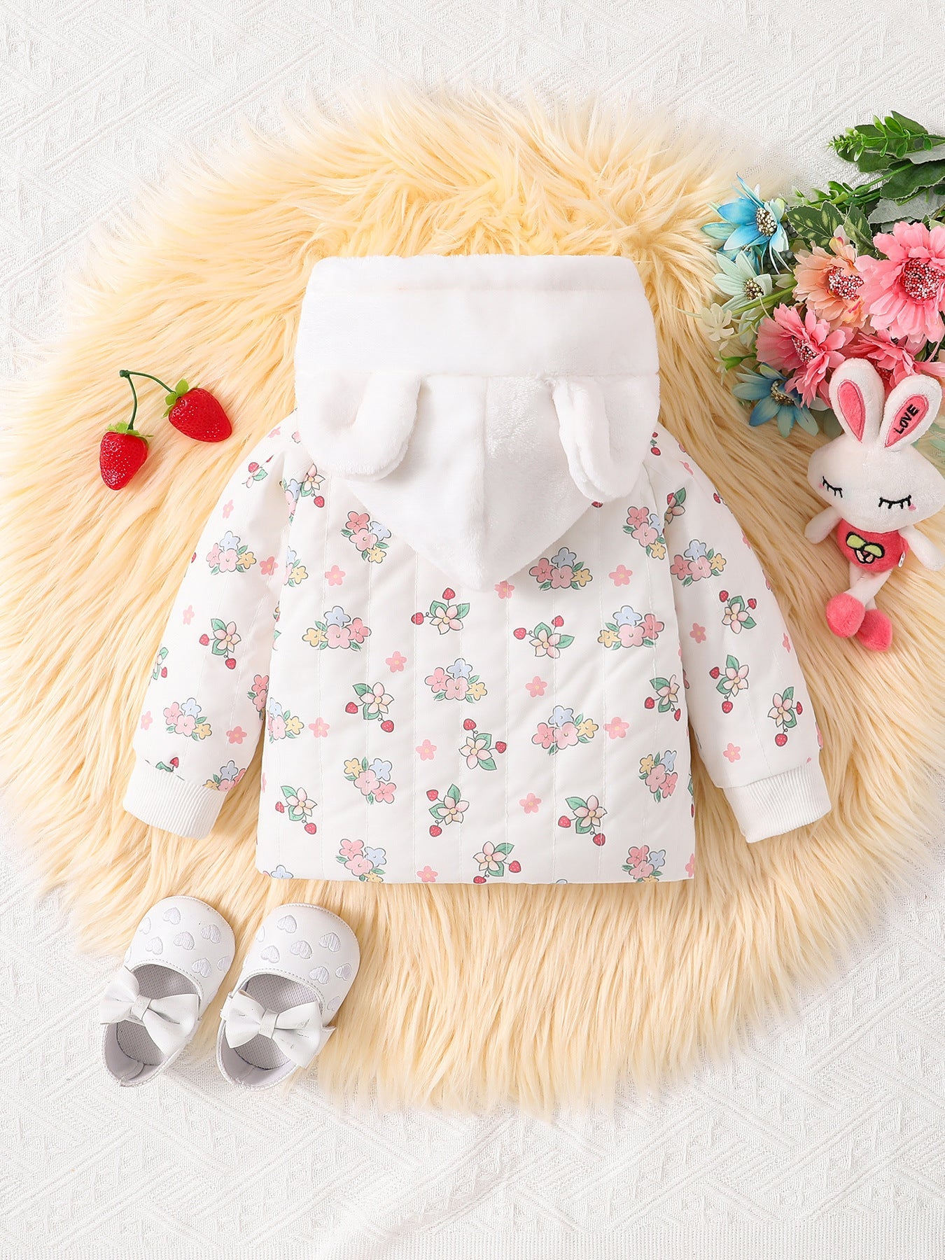 Baby Girls Floral White Rabbit Hoodie Design Popular Coat-1