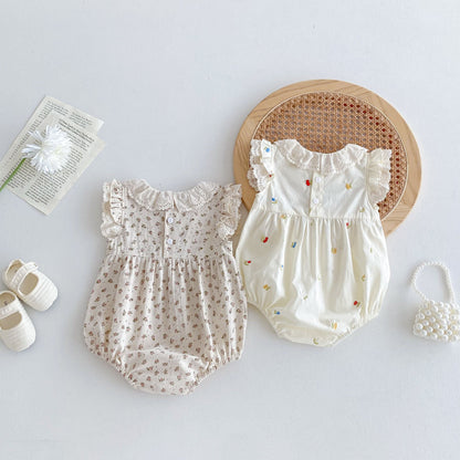 Hot Selling Summer Baby Kids Girls Floral Pattern Sleeveless Hollow Out Collar Onesies-3