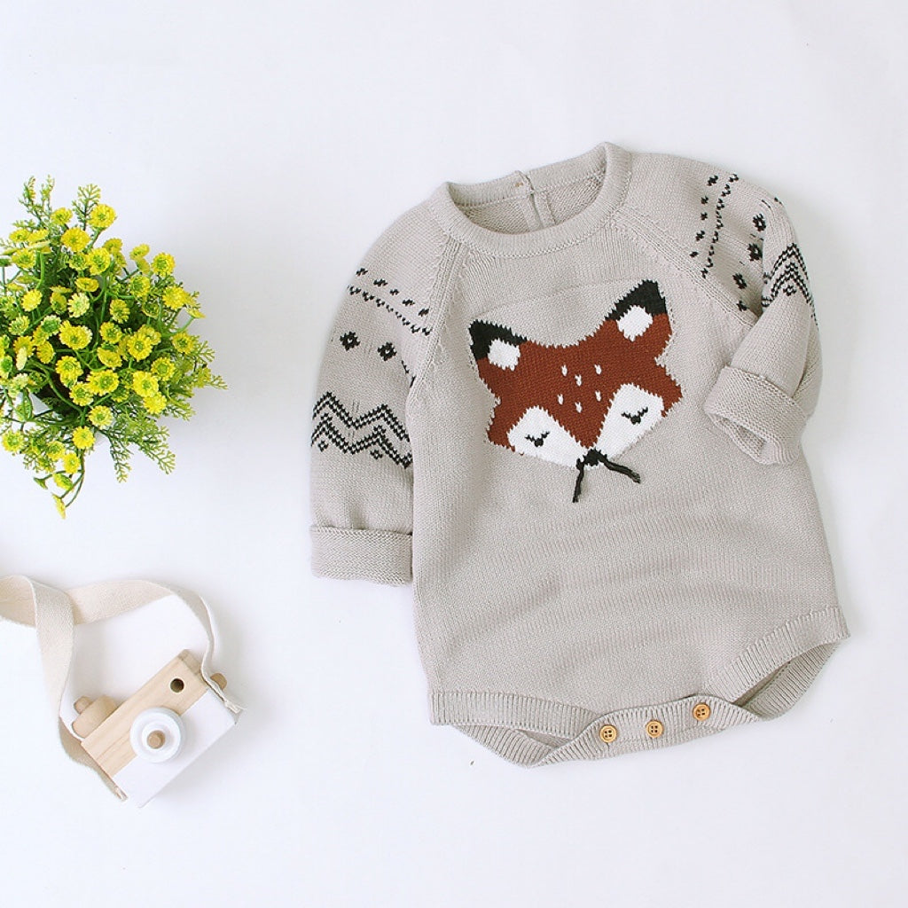 Baby Cartoon Fox Graphic Long Sleeves Triangle Knitted Romper Jumpsuit In Autumn-0