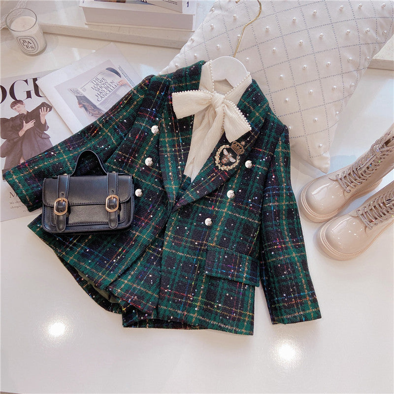 Girls Dark Green Plaid With Dots Open Front Cardigan&amp;Skirt Preppy Suits-1