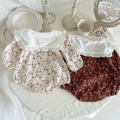 Baby Girl Floral Pattern Ruffle Lapel Design Bodysuit-1