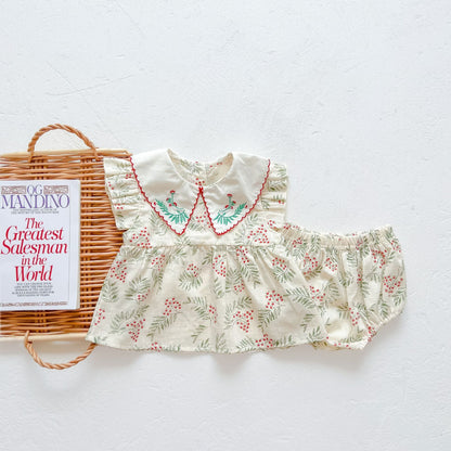 Baby Girl Floral Print Pattern Embroidered Lapel Sleeveless Tops Combo Shorts Two-Piece Sets-1