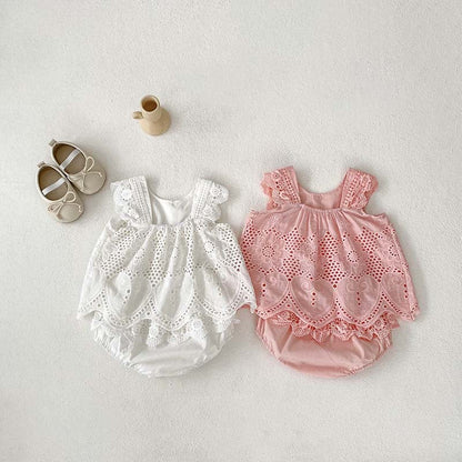 Summer Hot Selling Baby Girls Sleeveless Solid Color Hollow Out Design Strap Top Dress And Bloomers Clothing Set-0