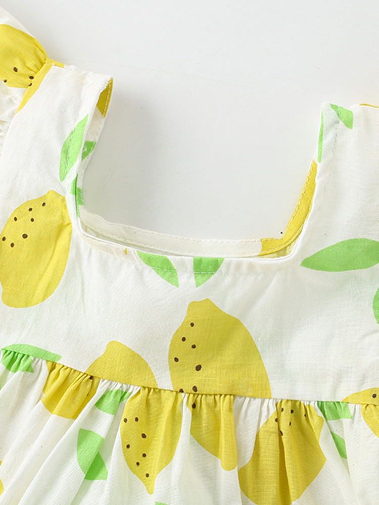 Summer New Arrival Baby Kids Girls Fly Sleeves Lemon Pattern Square Neck Dress-1