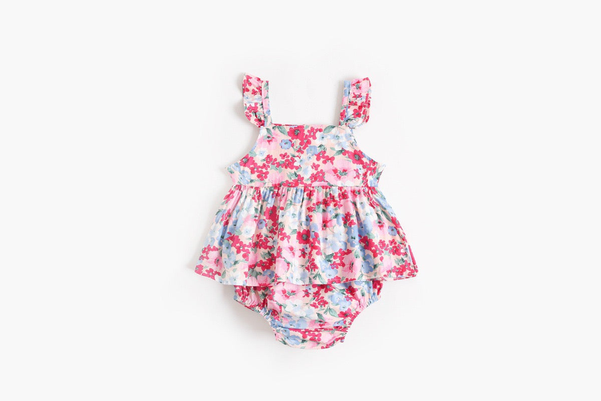 Baby Girl Flower Pattern Sling Loose Tops With Shorts Sets-1