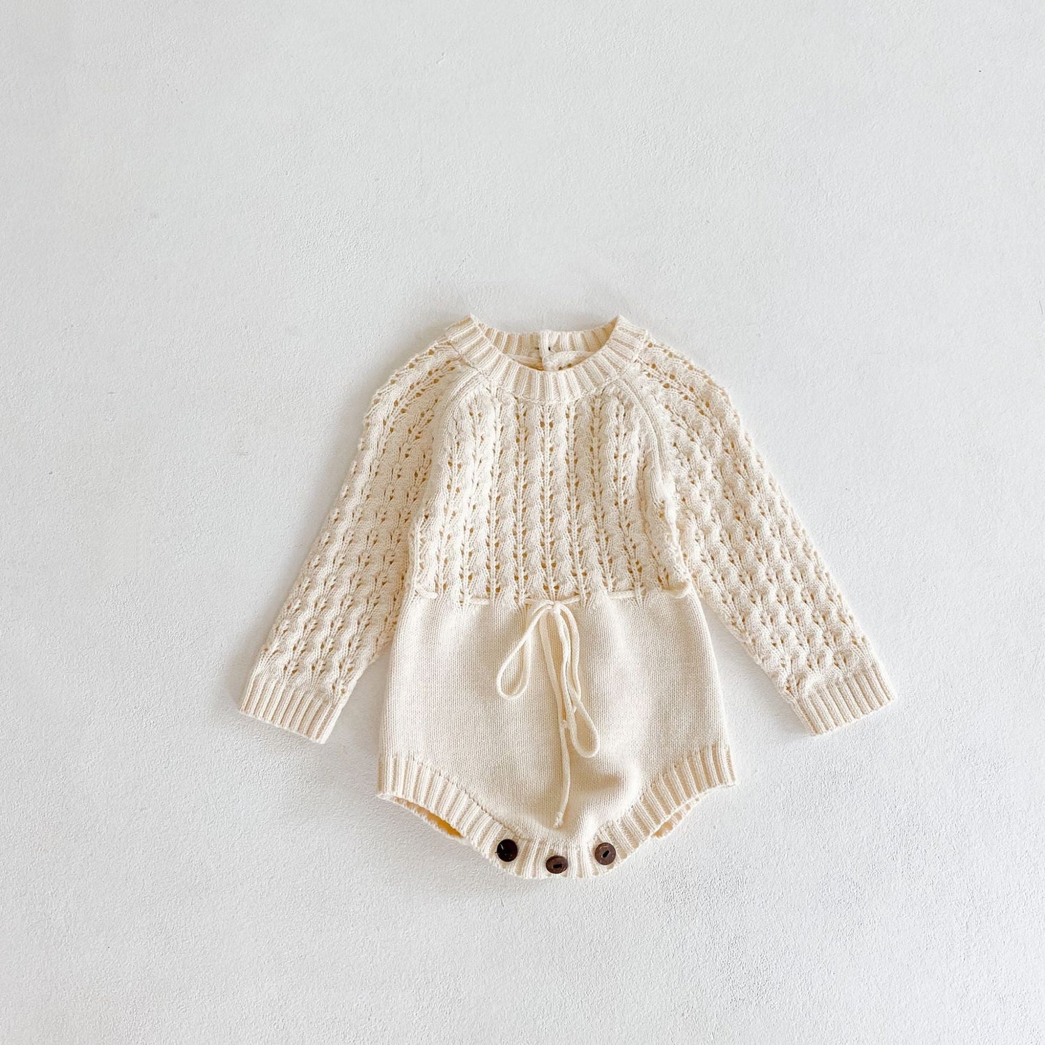 Baby Girl 1pcs Hollow Carved Hand Knitted Fabric Belted Waist Long Sleeve Crotch Onesies-0