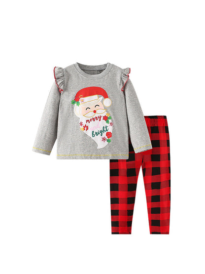 Girls Christmas Cartoon Collection Printing Design Top And Plaid Pants Set-0