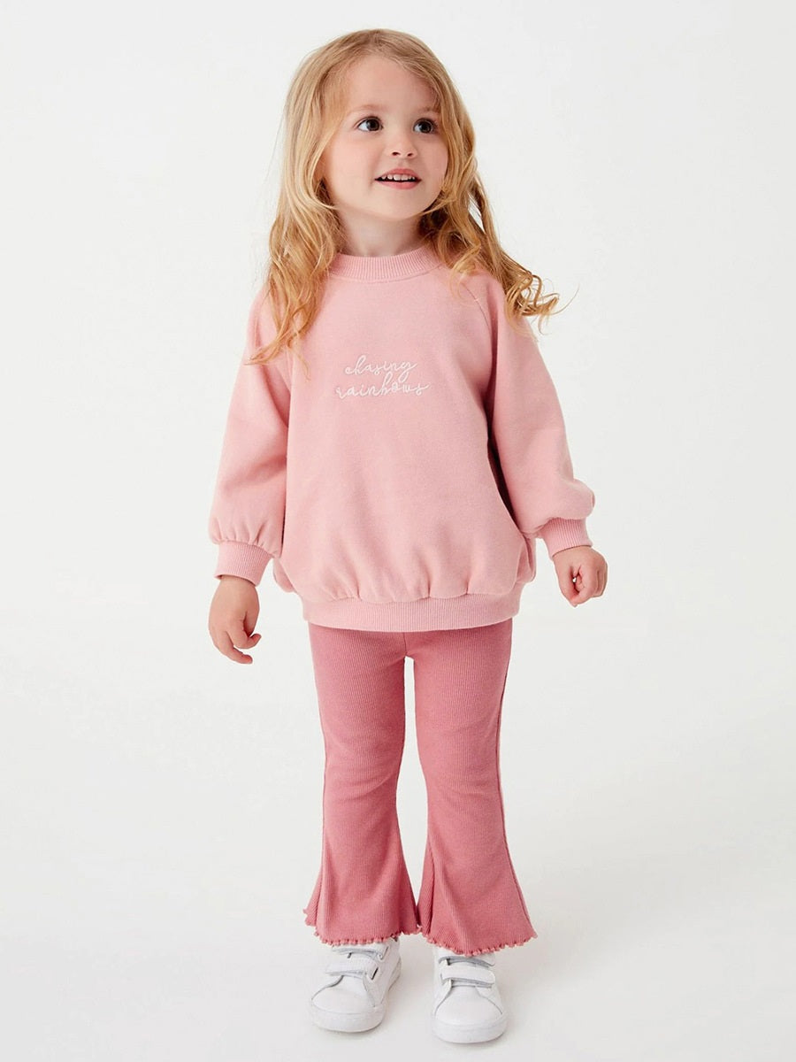 Spring Baby Kids Girls Letters Embroidery Long Sleeves Pullover And Solid Flared Pants Clothing Set-1