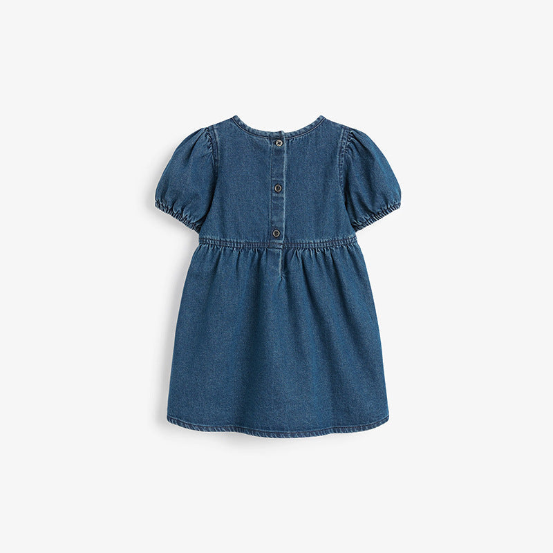 Baby Girl Solid Color Puff Sleeve Loose Denim Dress-1