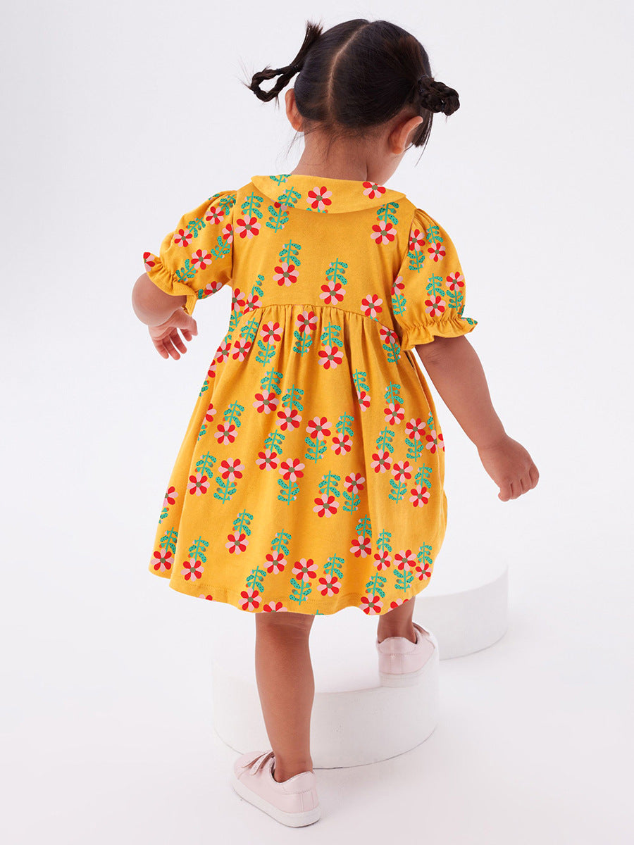 Baby Kids Girls Peter Pan Collar Floral Design Short Sleeves Dress-2