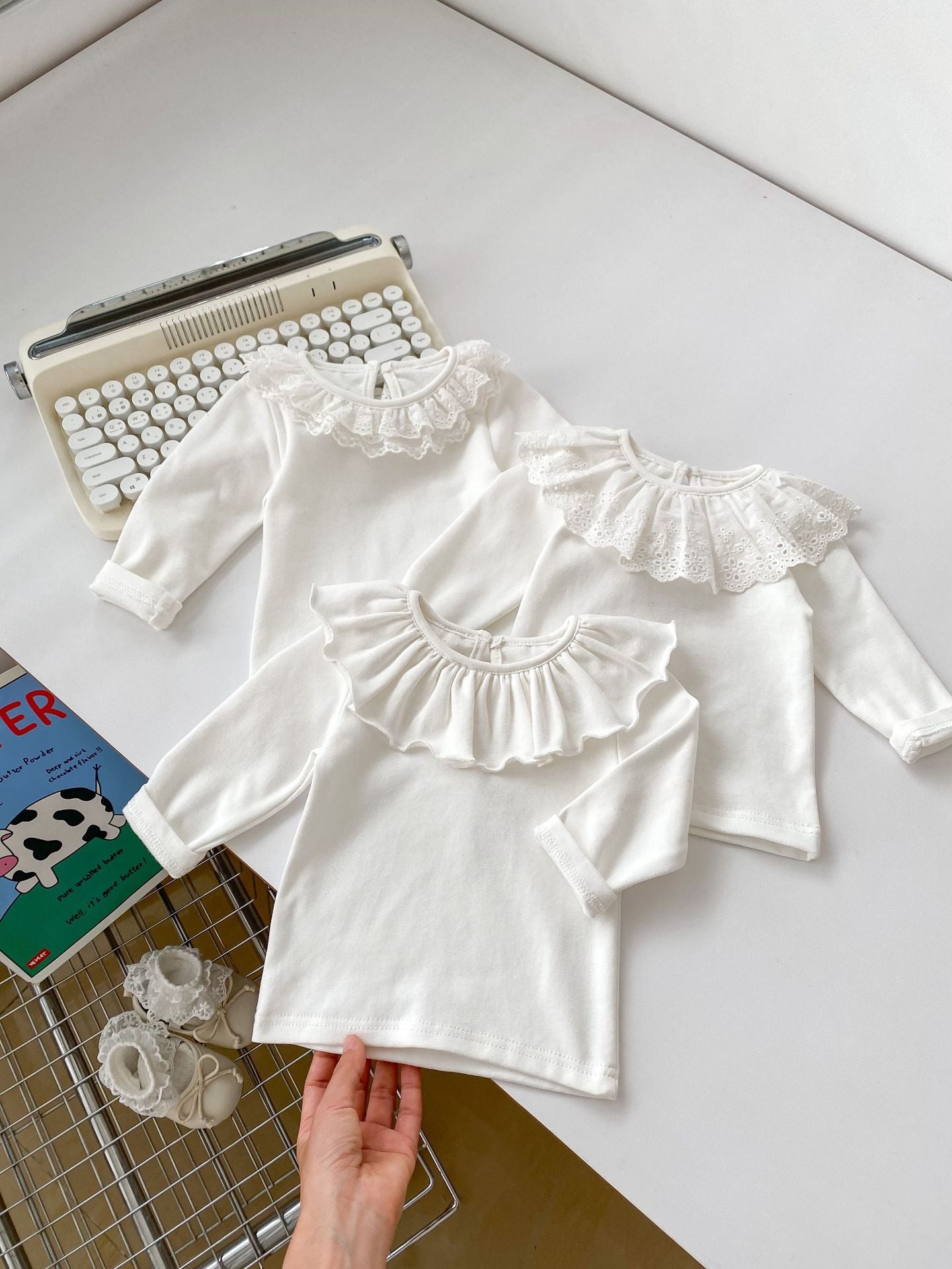 Spring Collection: Baby Girls’ Long Sleeve Doll Collar Base Shirt With 3 Kinds Of Lace Trim-1