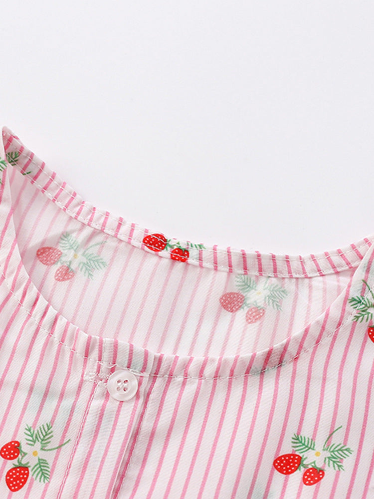 Summer New Arrival Girls’ Strawberry Pattern Striped Single Breasted Short Sleeves Round Neck Dress-1