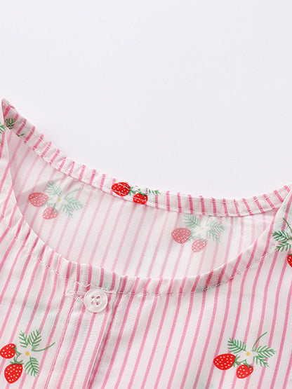 Summer New Arrival Girls’ Strawberry Pattern Striped Single Breasted Short Sleeves Round Neck Dress-1