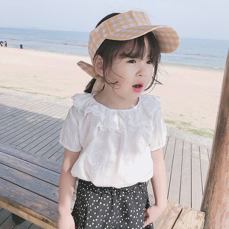 Summer New Arrival Girls Short Sleeves Solid Color Floral Pattern Embroidery Big Collar Top Shirt-1